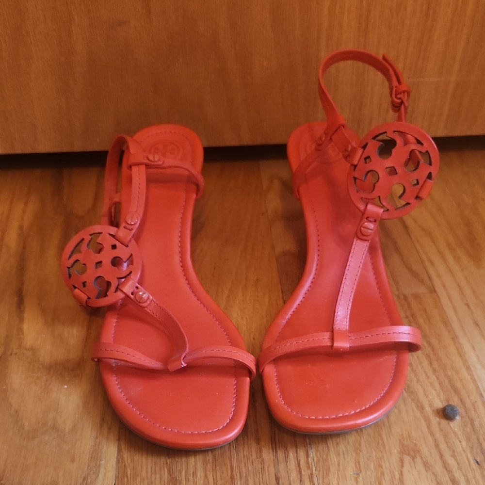 Red Tory Burch Logo Leather Wedge Sandles